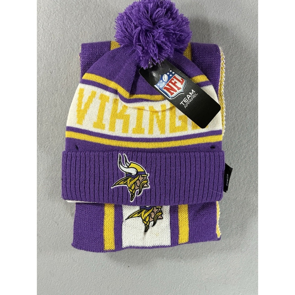 NWT. NFL Team Apparel Matching Vikings Cuffed Pom Beanie And Scarf. One Size.